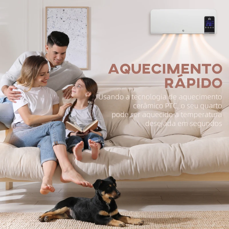 HOMCOM Aquecedor Elétrico de Parede 1000W/2000W Aquecedor com Ecrã LED Controlo Remoto Termostato Temporizador 54,5x12x21,5cm Branco