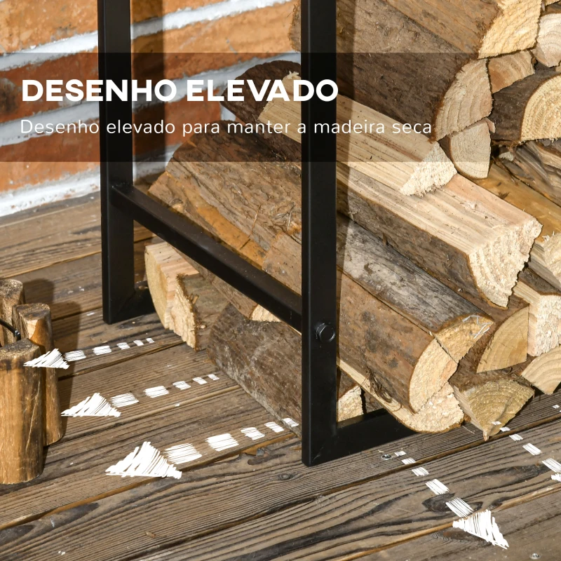 Outsunny Suporte para Lenha de Metal Prateleira de Armazenamento para Empilhar Troncos 50x30x100 cm Preto