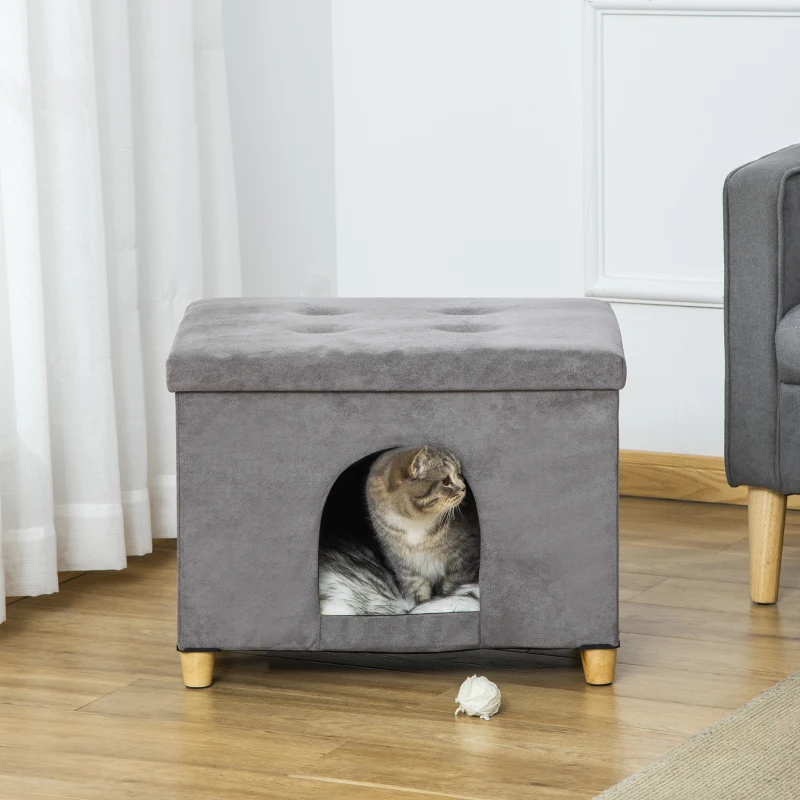 PawHut 2-IN-1 Katzenhöhle Fußhocker mit Kissen Holzbeine Katzenhaus Katzenkorb weich gepolstert Ottomane elegantes Design abnehmbar MDF Plüsch Grau 60 x 45 x 44,5 cm(m-8)