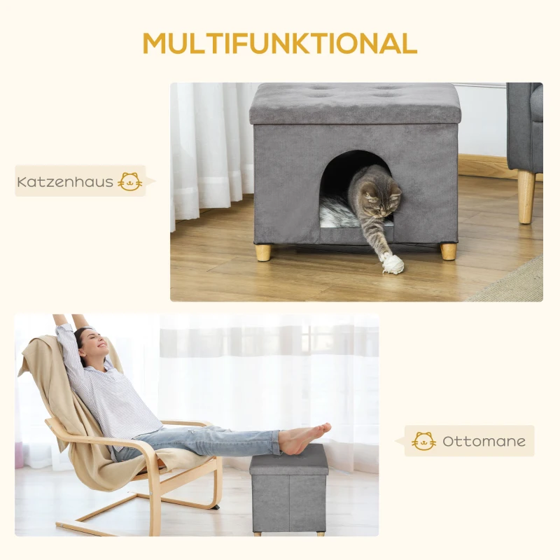 PawHut 2-IN-1 Katzenhöhle Fußhocker mit Kissen Holzbeine Katzenhaus Katzenkorb weich gepolstert Ottomane elegantes Design abnehmbar MDF Plüsch Grau 60 x 45 x 44,5 cm(m-4)