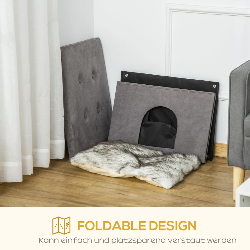 PawHut 2-IN-1 Katzenhöhle Fußhocker mit Kissen Holzbeine Katzenhaus Katzenkorb weich gepolstert Ottomane elegantes Design abnehmbar MDF Plüsch Grau 60 x 45 x 44,5 cm(m-6)