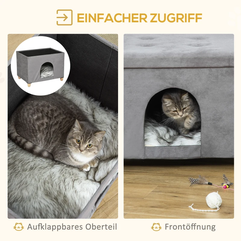 PawHut 2-IN-1 Katzenhöhle Fußhocker mit Kissen Holzbeine Katzenhaus Katzenkorb weich gepolstert Ottomane elegantes Design abnehmbar MDF Plüsch Grau 60 x 45 x 44,5 cm(m-5)