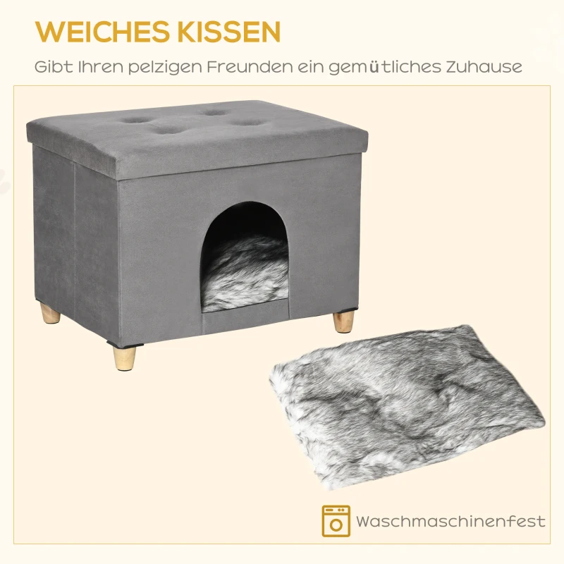 PawHut 2-IN-1 Katzenhöhle Fußhocker mit Kissen Holzbeine Katzenhaus Katzenkorb weich gepolstert Ottomane elegantes Design abnehmbar MDF Plüsch Grau 60 x 45 x 44,5 cm(m-7)