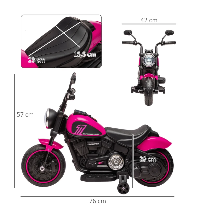 HOMCOM Elektrische kindermotorfiets met zijwieltjes, koplamp, 1,5 tot 3 km/u, roze(m-3)