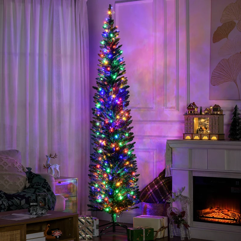 HOMCOM 7.5' Artificial Prelit Christmas Trees Holiday Décor with Colourful LED Lights, Pencil Shape, Steel Base