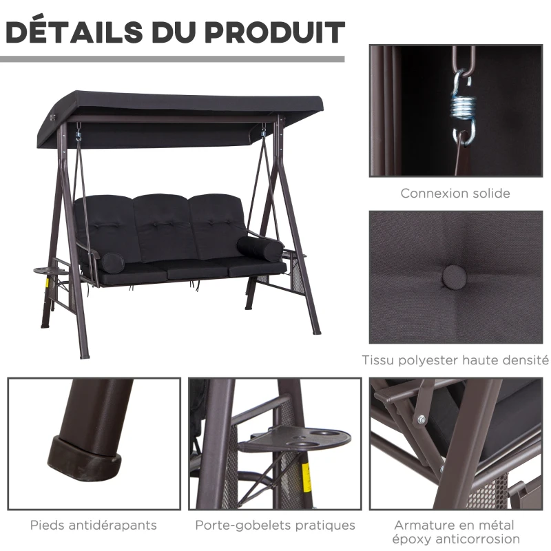 Outsunny Balancelle de Jardin 3 Places Grand Confort Toit Inclinaison réglable Coussins Plateaux rétractables Polyester filé Noir