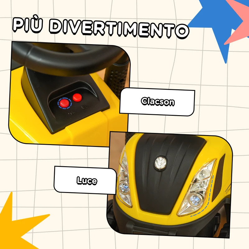 HOMCOM Trattore Giocattolo per Bambini Cavalcabile con Rimorchio, Rastrello e Pala, Gioco Educativo per Bimbi 12-36 Mesi, 91x29x44cm, Giallo