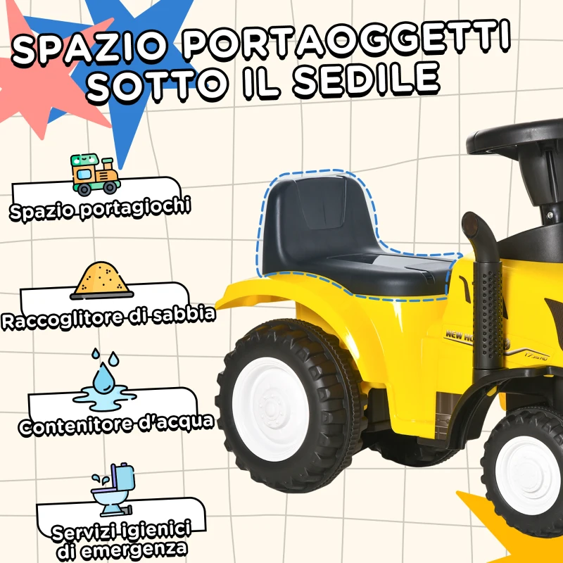 HOMCOM Trattore Giocattolo per Bambini Cavalcabile con Rimorchio, Rastrello e Pala, Gioco Educativo per Bimbi 12-36 Mesi, 91x29x44cm, Giallo