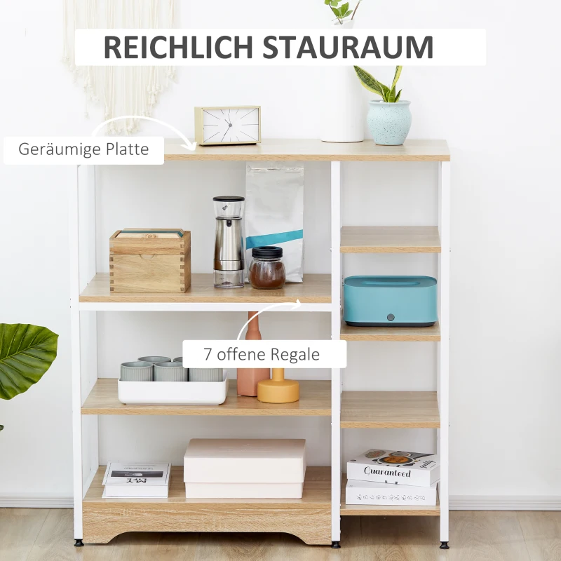 HOMCOM Küchenregal Standregal Lagerregal Eckregal mit 7 Einlegeböden rutschfesten Fußkappen Metallregal robust und stabil Metall MDF Stahl Weiß+Natur 90 x 40 x 95 cm