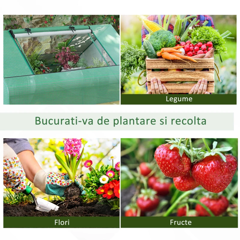 Outsunny Sera Rectangulara de Gradina din Otel cu invelis din PE, Usi rulante si Ferestre, 180x140x80cm, Verde