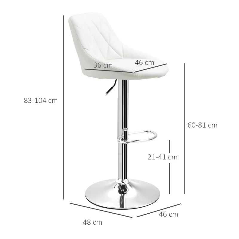 HOMCOM Set 2 Sgabelli da Bar, Altezza Regolabile con Base in Metallo e Seduta in Pelle PU, Sgabelli Moderni con Schienale e Poggiapiedi, 46x48x83-104cm, Bianco