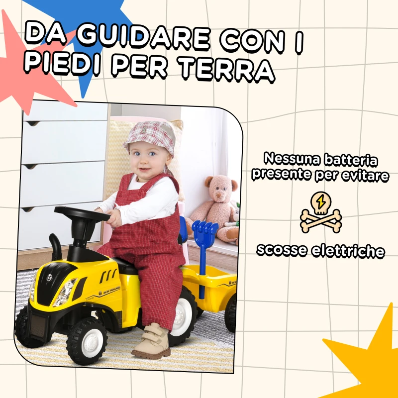 HOMCOM Trattore Giocattolo per Bambini Cavalcabile con Rimorchio, Rastrello e Pala, Gioco Educativo per Bimbi 12-36 Mesi, 91x29x44cm, Giallo