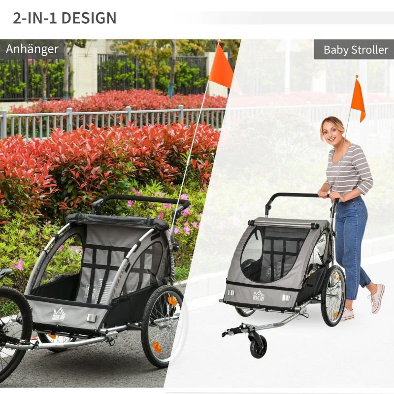 HOMCOM przyczepka rowerowa 2 w 1 przyczepka wózek spacerowy z kieszenią do przechowywania połączenie dwóch warstw stalowych rur metal tkanina Oxford szary + czarny 160 x 84 x 106 cm