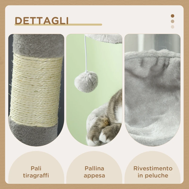 PawHut Tiragraffi per Gatti in Truciolato con Palo in Sisal, Casetta e Posatoi, 65x30x104 cm, Grigio Chiaro