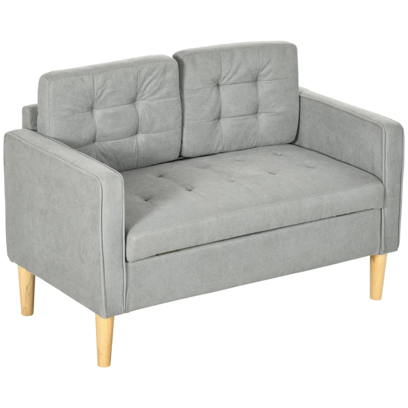 HOMCOM Modern 2 Seater Sofa with Hidden Storage, 117cm Tufted Cotton Couch with Wood Legs, Compact Loveseat for Living Room, Kitchen, Light Grey