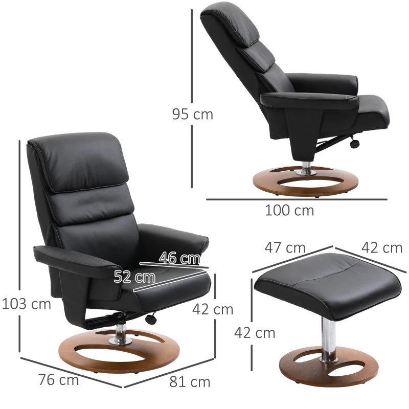 HOMCOM Relaxsessel mit Hocker Fernsehsessel Polstersessel 360° drehbar 145° neigbar PU-Bezug Holzfuß Schwarz 81 x 76 x 103 cm