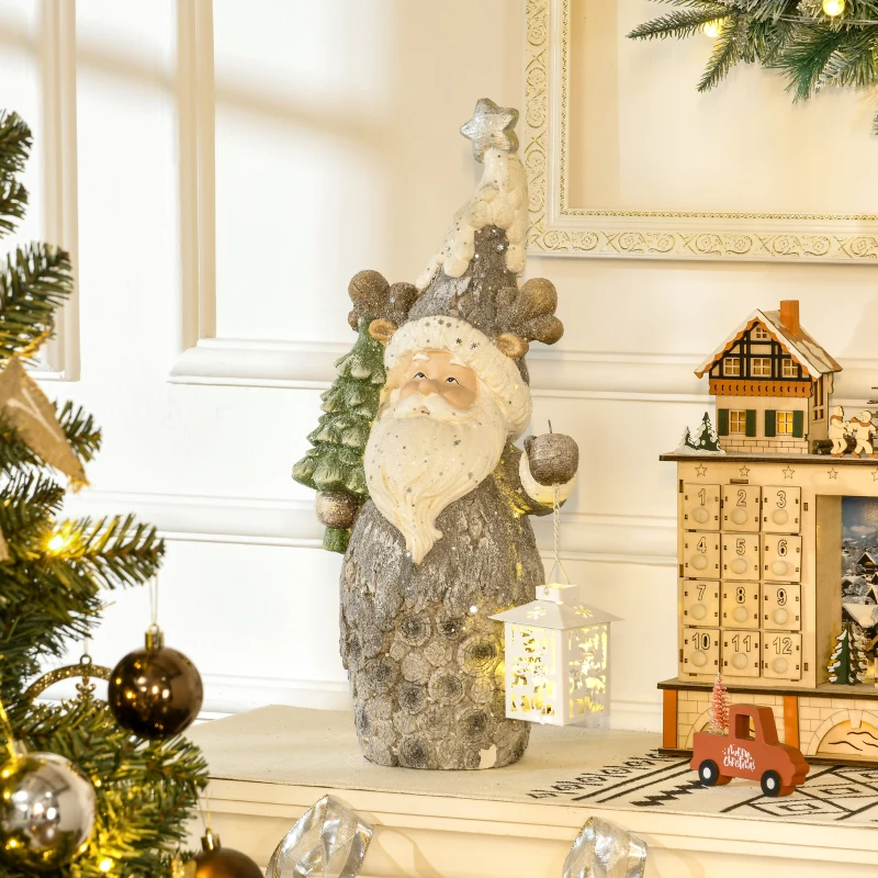 HOMCOM Kerstversiering, Kerstman met kerstboom en lantaarn, warme LED-verlichting, batterijvoeding, voor binnen en buiten, 55 cm