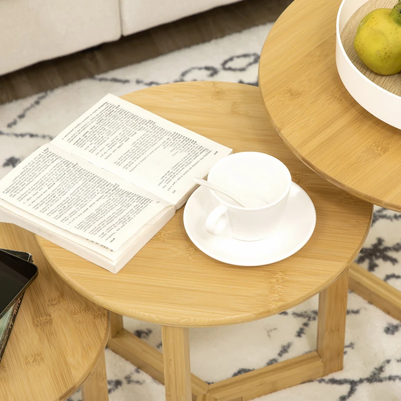 HOMCOM Tavolini da Salotto 3 Pezzi in Bambù con Design Impilabile, Φ48x48/Φ40x40/Φ32x32 cm