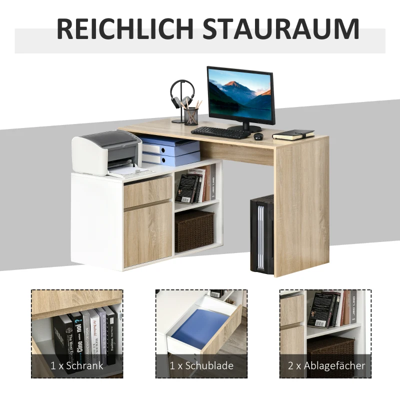 HOMCOM Eckschreibtisch Computertisch Bürotisch Winkelschreibtisch Regal L-Form Spanplatte Weiß+Eiche 120 x 92 x 75,5 cm