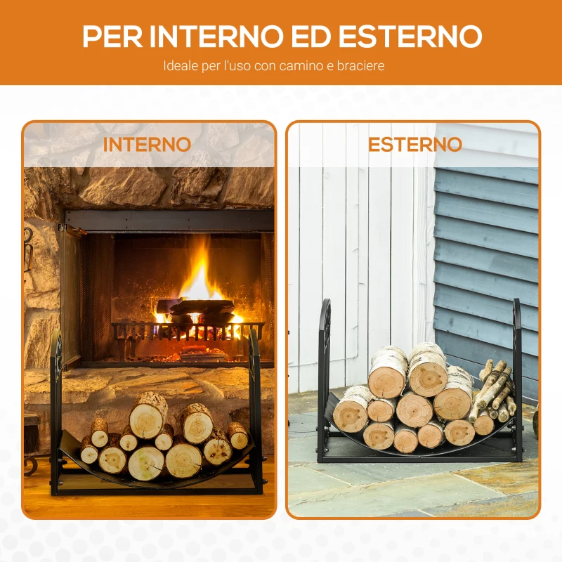 Outsunny Portalegna da Interno ed Esterno in Metallo con Ripiano Curvo, Fino 60kg di Legna, Nero, 60.5x36x46.5cm
