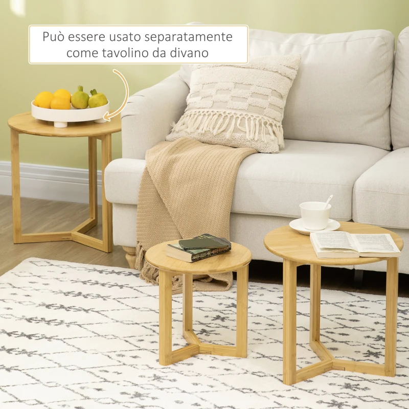 HOMCOM Tavolini da Salotto 3 Pezzi in Bambù con Design Impilabile, Φ48x48/Φ40x40/Φ32x32 cm