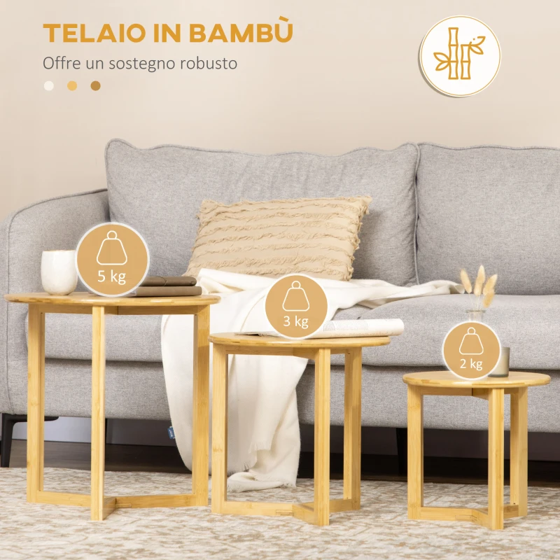 HOMCOM Tavolini da Salotto 3 Pezzi in Bambù con Design Impilabile, Φ48x48/Φ40x40/Φ32x32 cm