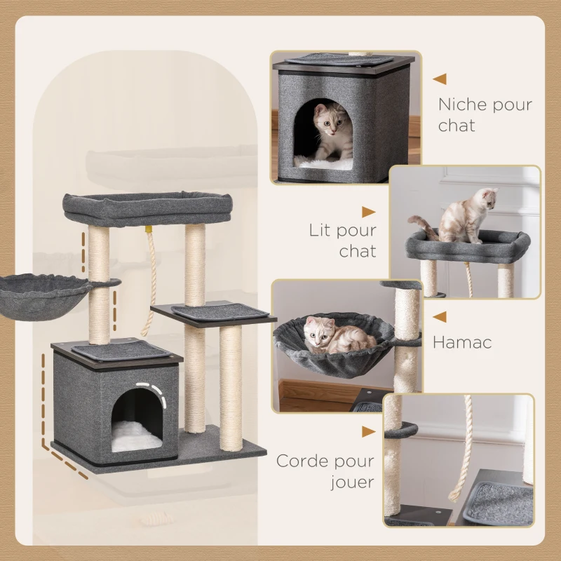 PawHut Arbre à chat avec griffoir en sisal niche lit pour chat hamac corde à taquiner plateformes en panneaux de particules coussins lavés 60 x 40 x 83 cm gris foncé
