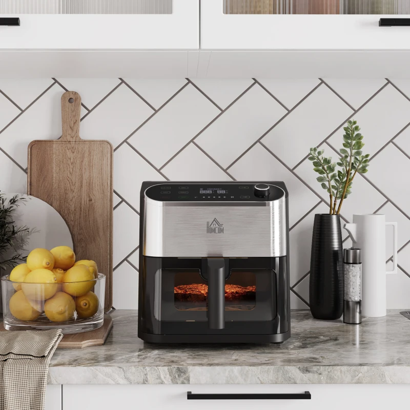 HOMCOM 6.5L 4 in 1 Air Fryer, Air Fry, Bake, Roast and Dehydrator with Digital Display, Rapid Air Circulation, Adjustable Temperature, Timer, Cookbook and Non-stick Basket, 1500W