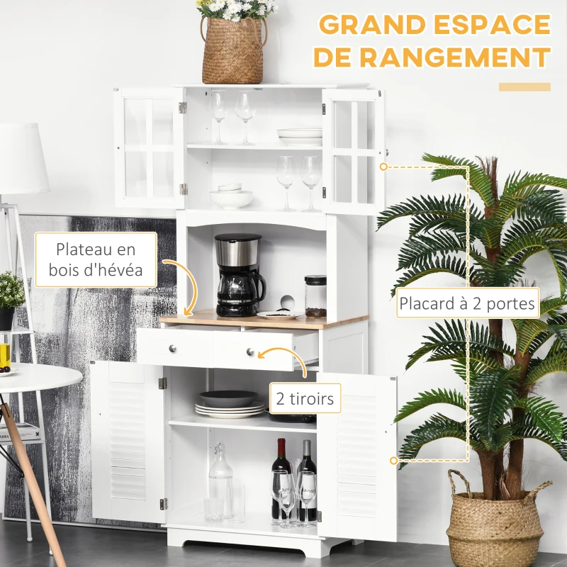 HOMCOM Buffet de cuisine armoire de cuisine 2 placards 2 portes persiennes et acryliques 2 tiroirs grande niche bois caoutchouc MDF blanc