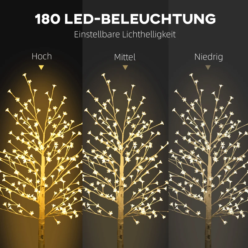 HOMCOM Kunstboom, Kunstberk met 180 LEDs, 3 Helderheidsniveaus, Warm Wit, Realistische Schors, 21,5 x 21,5 x 180 cm