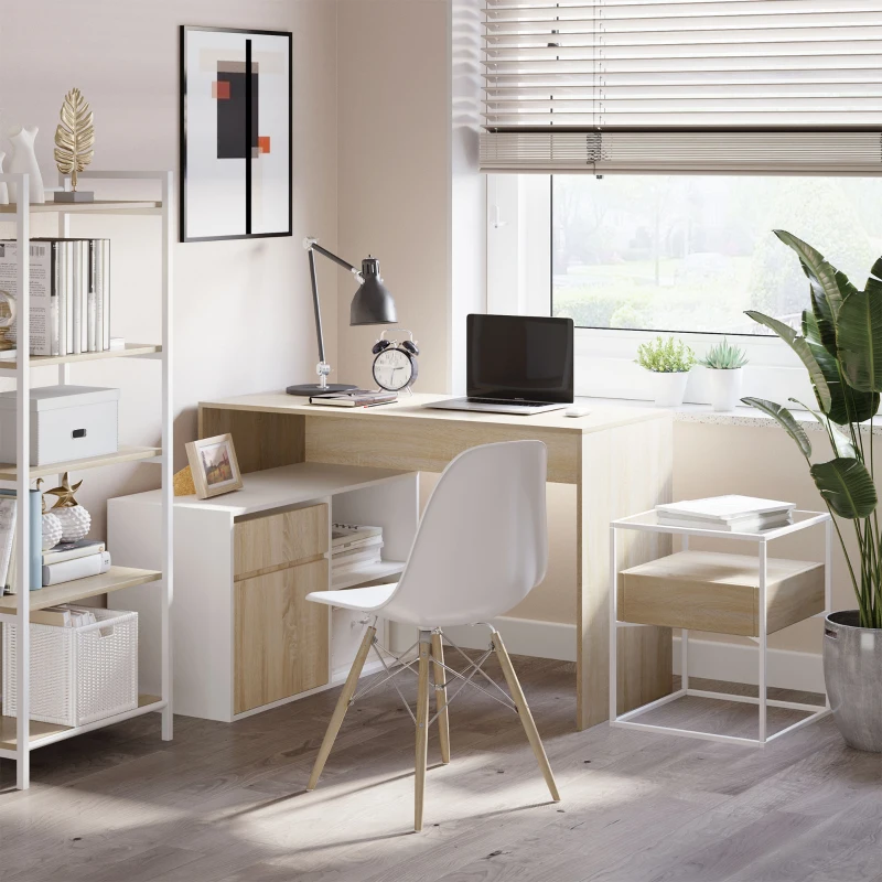 HOMCOM Eckschreibtisch Computertisch Bürotisch Winkelschreibtisch Regal L-Form Spanplatte Weiß+Eiche 120 x 92 x 75,5 cm