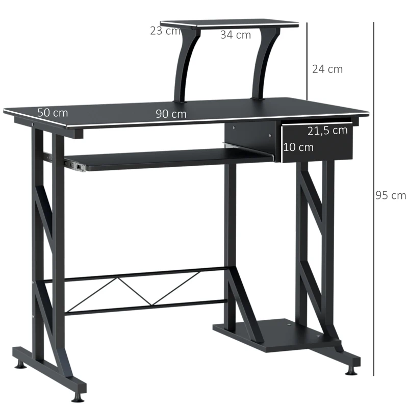 HOMCOM stół komputerowy stół roboczy z półkami i szufladami biurko stół biurowy zajmujący mało miejsca stabilny metal MDF czarny 90 x 50 x 95 cm