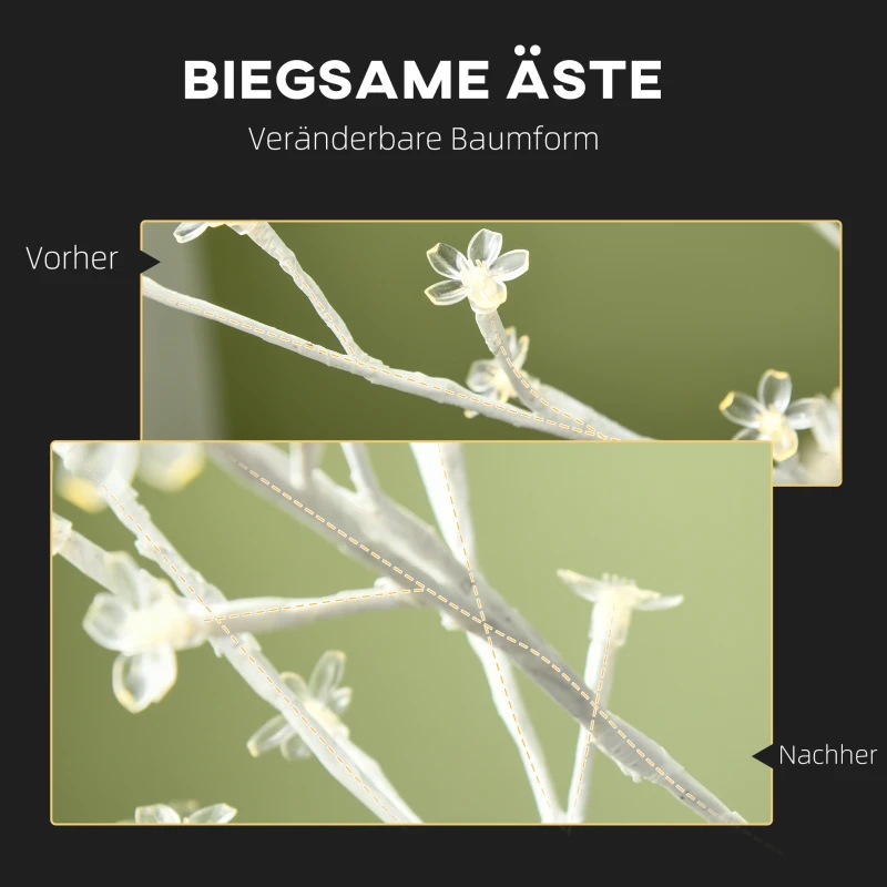 HOMCOM Kunstboom, Kunstberk met 180 LEDs, 3 Helderheidsniveaus, Warm Wit, Realistische Schors, 21,5 x 21,5 x 180 cm