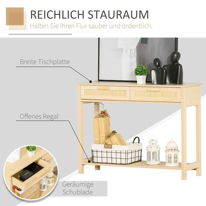 HOMCOM Konsolentisch Beistelltisch Rattan-Design mit 2 Schubladen Sideboard Eingang MDF Spanplatte 100 x 30 x 76 cm