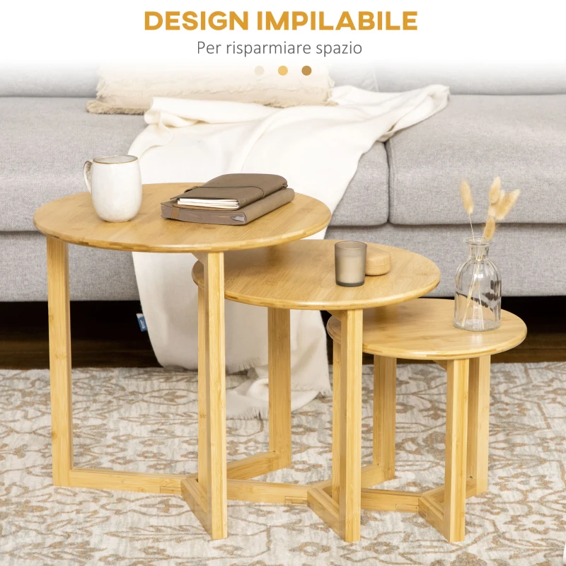 HOMCOM Tavolini da Salotto 3 Pezzi in Bambù con Design Impilabile, Φ48x48/Φ40x40/Φ32x32 cm