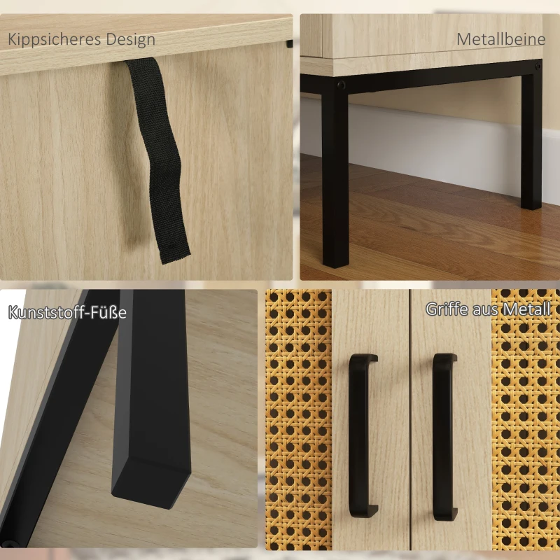 HOMCOM Sideboard im Boho-Stil, Wienergeflechtoptik, Kommode, Natur + Schwarz