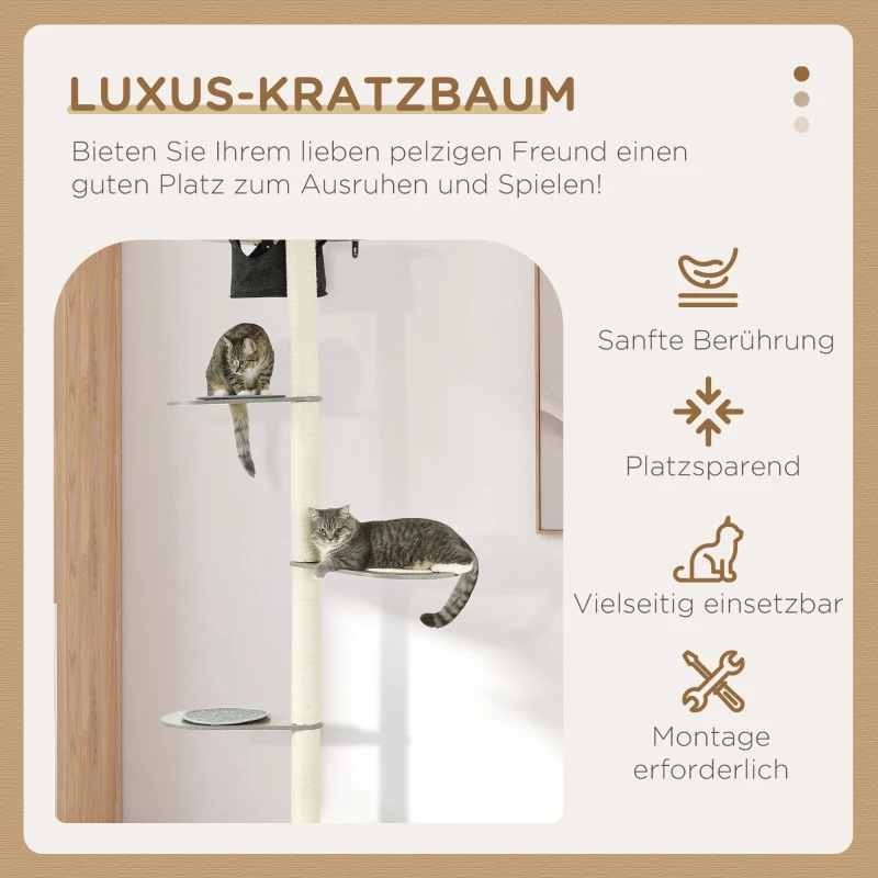 PawHut Drapak z Hamakiem, 3 Poziomy, Sznurek sizalowy, 50 cm x 34 cm x 185 cm, Szary + Naturalny