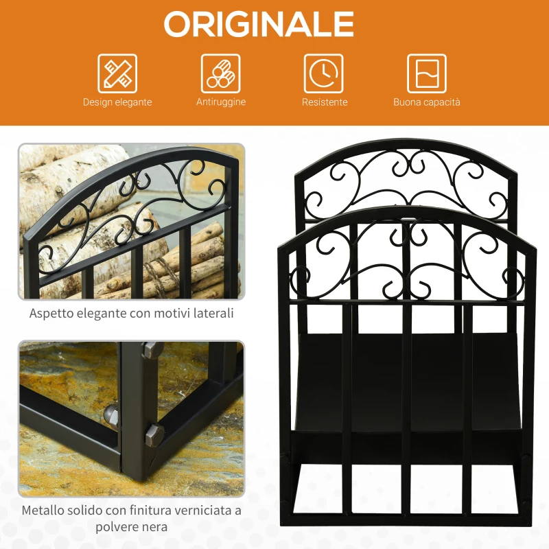 Outsunny Portalegna da Interno ed Esterno in Metallo con Ripiano Curvo, Fino 60kg di Legna, Nero, 60.5x36x46.5cm