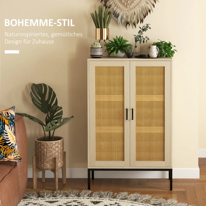 HOMCOM Sideboard im Boho-Stil, Wienergeflechtoptik, Kommode, Natur + Schwarz