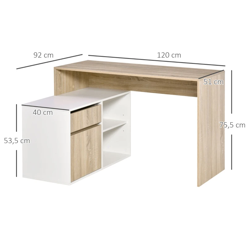HOMCOM Eckschreibtisch Computertisch Bürotisch Winkelschreibtisch Regal L-Form Spanplatte Weiß+Eiche 120 x 92 x 75,5 cm