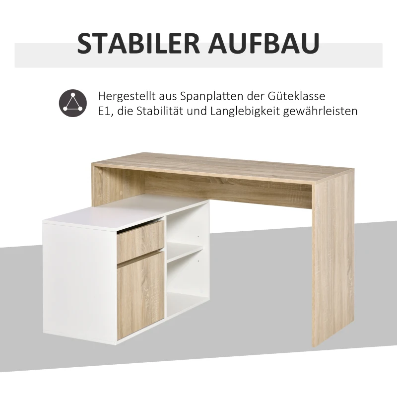 HOMCOM Eckschreibtisch Computertisch Bürotisch Winkelschreibtisch Regal L-Form Spanplatte Weiß+Eiche 120 x 92 x 75,5 cm
