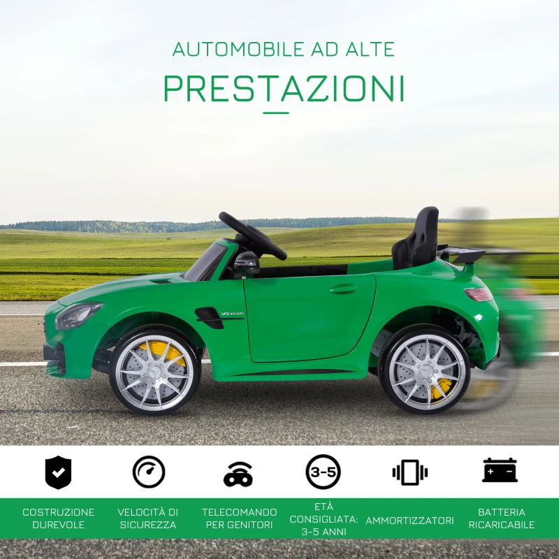HOMCOM Macchinina per Bambini Elettrica 12V con Licenza Mercedes-AMG GTR, Velocità 3-5km/h, Telecomando, Luci e Suoni, Verde