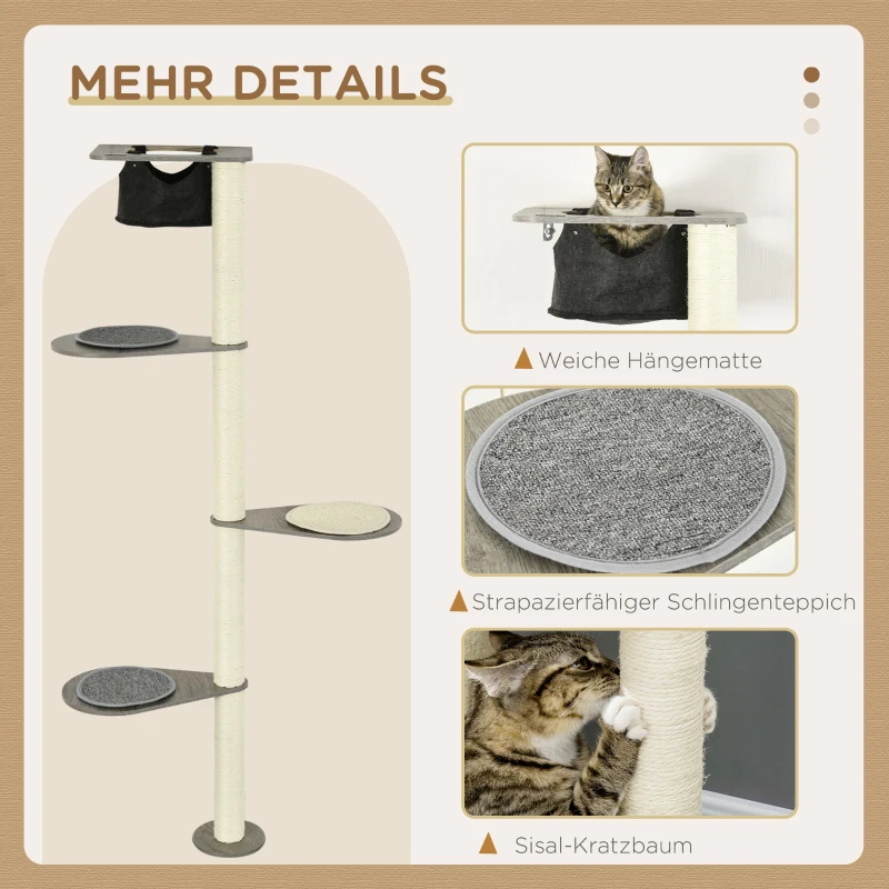 PawHut Drapak z Hamakiem, 3 Poziomy, Sznurek sizalowy, 50 cm x 34 cm x 185 cm, Szary + Naturalny