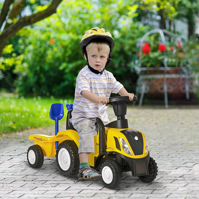 HOMCOM Tractor para Niños de 12-36 Meses con Remolque Extraíble Coche Correpasillos con Bocina Faros Pala Asiento de Suelo 25 cm y Rastrillo Carga 25 kg 91x29x44 cm Amarillo
