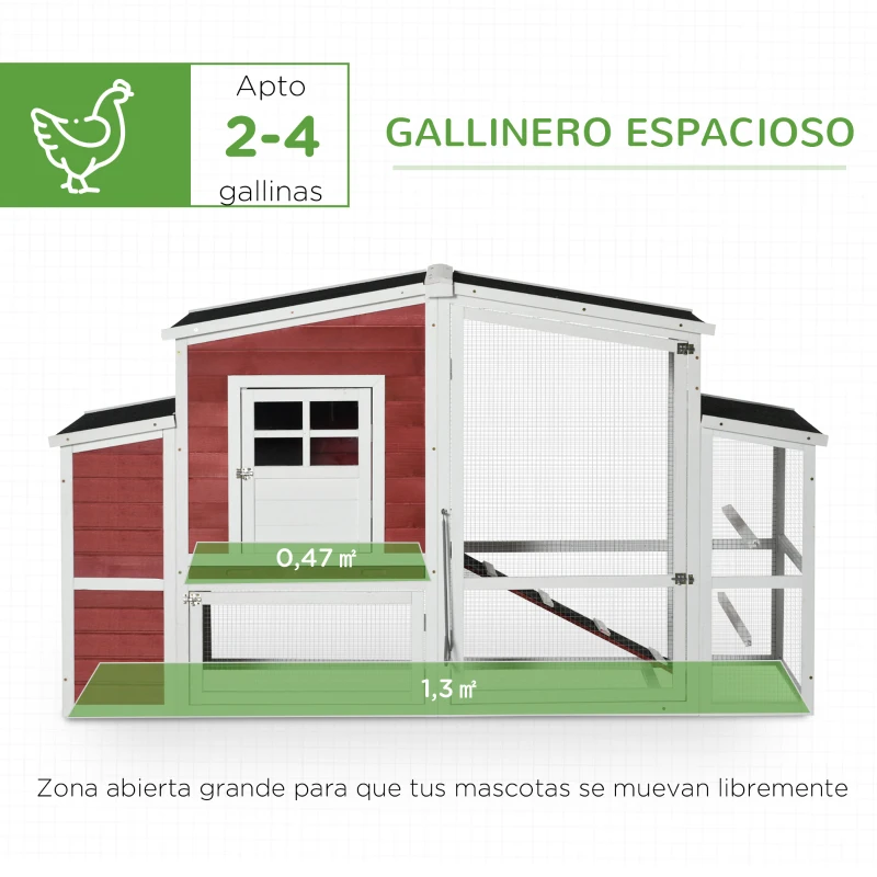 PawHut Gallinero con Ponedero Techo Abatible y Nido Rampa Zona Exterior para Jardín de Madera de Abeto 201x75x117 cm Rojo y Blanco