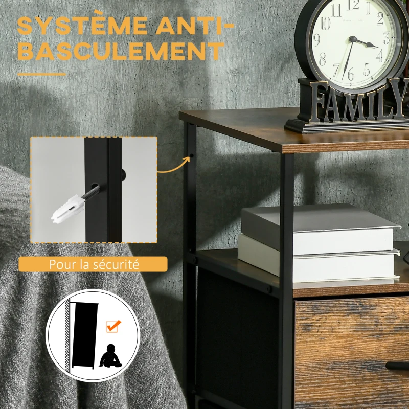 HOMCOM Table de Chevet avec 2 Tiroirs Tissus Table d'appoint petit Meuble de Rangement Style Industriel Commode 2 tiroirs - 45 x 40 x 70,5 cm - Bois et métal