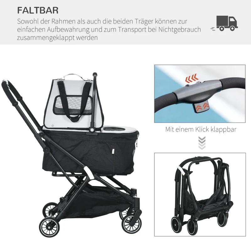 PawHut 3in1 Hundewagen, 2 Kabinen, klappbar, Aufbewahrungskorb, Stahlrahmen, grau, 67 x 49 x 99 cm