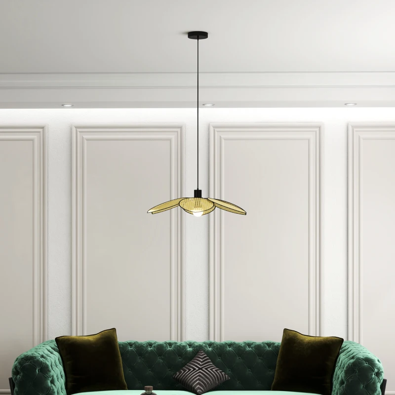 HOMCOM Candeeiro de Teto com Forma de Flor Candeeiro de Teto de Vime Sintético com Cabo Ajustável Ø68x115 cm Madeira