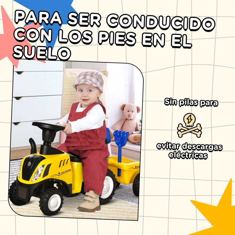 HOMCOM Tractor para Niños de 12-36 Meses con Remolque Extraíble Coche Correpasillos con Bocina Faros Pala Asiento de Suelo 25 cm y Rastrillo Carga 25 kg 91x29x44 cm Amarillo