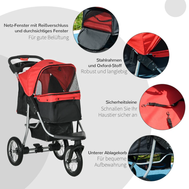 PawHut Hundewagen Hundebuggy mit 3 Rädern klappbar bis 10 kg Oxford Rot+Schwarz 109,5 x 54,5 x 106,5 cm